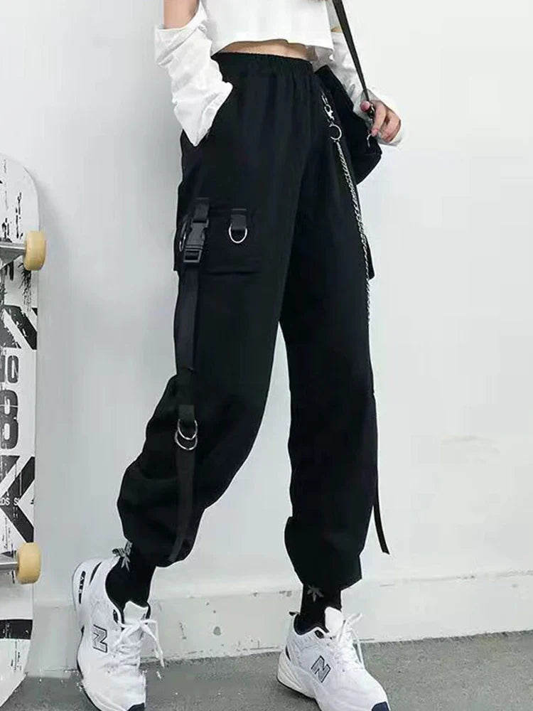 ZOKI Gothic Women Cargo Pants Black Joggers High Waisted Harajuku Harem Pants