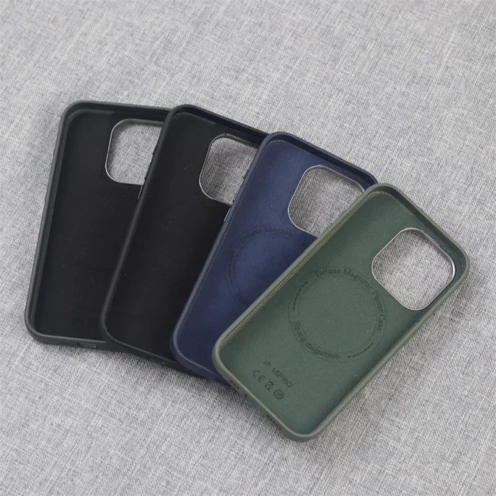 Luxury Alloy Lens Frame Particle PU Leather Magnetic Case For iPhone 17 16 Pro Max 15 14 13 For Magsafe Wireless Charging Cover