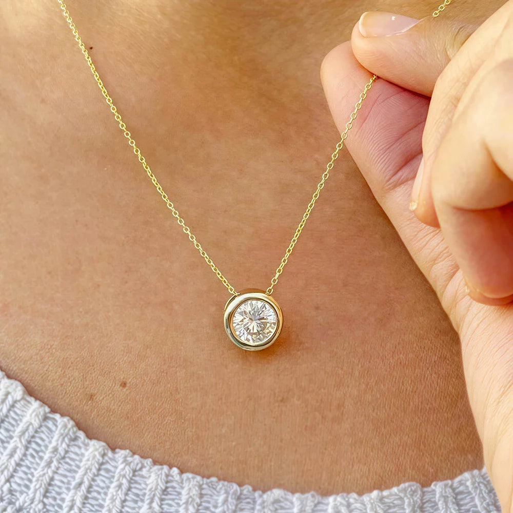 0.5/1/2/3CT Round Bubble Moissanite Pendant Necklaces for Women 925 Silver Bezel Set Solitaire Diamond Necklace with Certificate