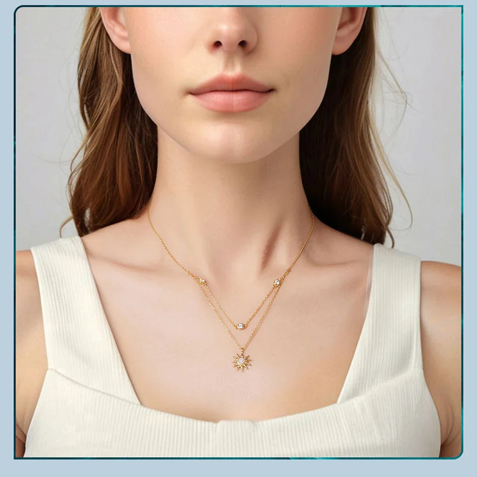 925 Sterling Silver Pink Opal Sun Double-layer Necklace Link Chain with Zircons 18K Gold Plated Pendant for Mother's Gift
