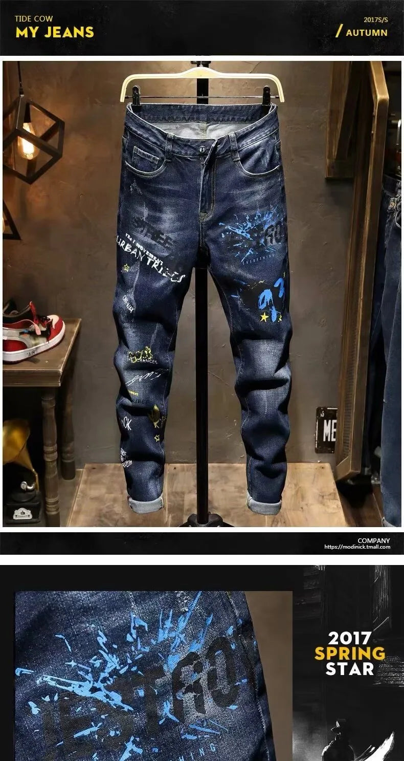 Spring and Autumn Fashion Trend Printed Straight-Leg Stretch Denim Jeans For Men Comfortable Casual Sports High-Quality Jeans