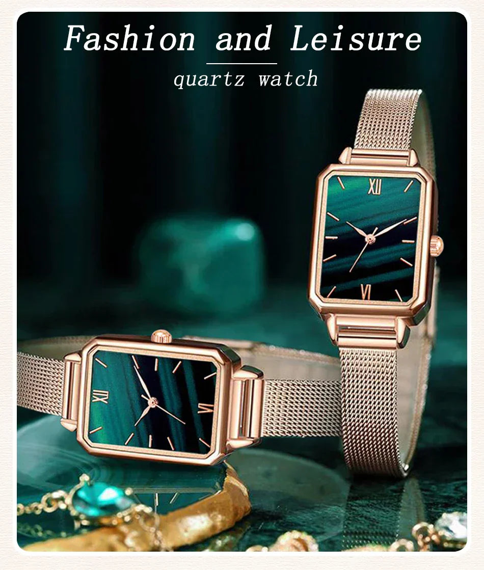 Women Watches Fashion Square Ladies Quartz Watch Bracelet Set Green Dial Simple Rose Gold Mesh Luxury Women Watches