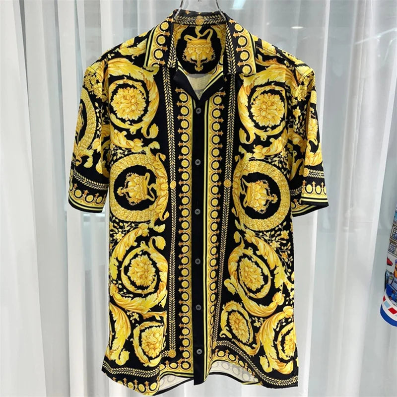 Luxury Royal Short sleeved Shirt for Men's Summer Casual Social Paisley Striped Side Flower Printed Shirt