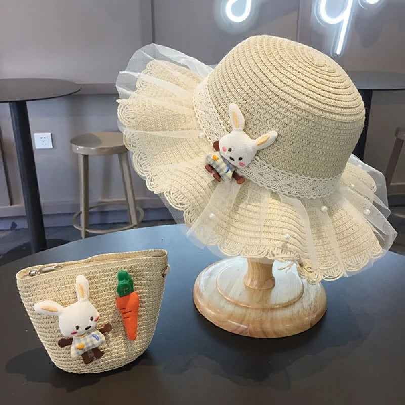 little girls summer straw sun hats and straw shoulder bags