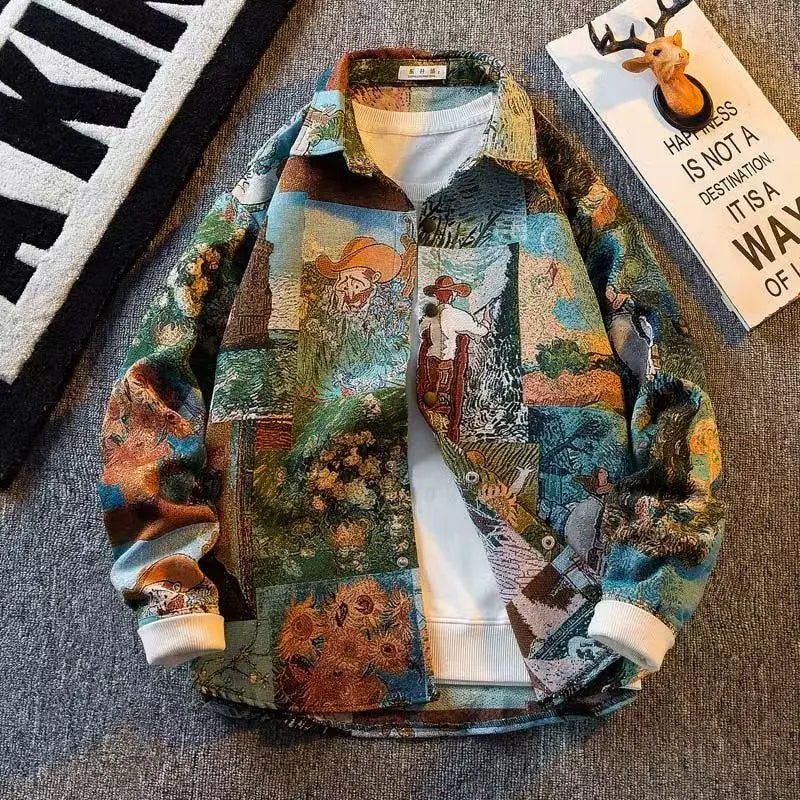 2025 spring Men's doodle Camouflage Men Jacket Loose Turn Down Collar Cargo Lapel Coat printing fashion jackets Outerwear male