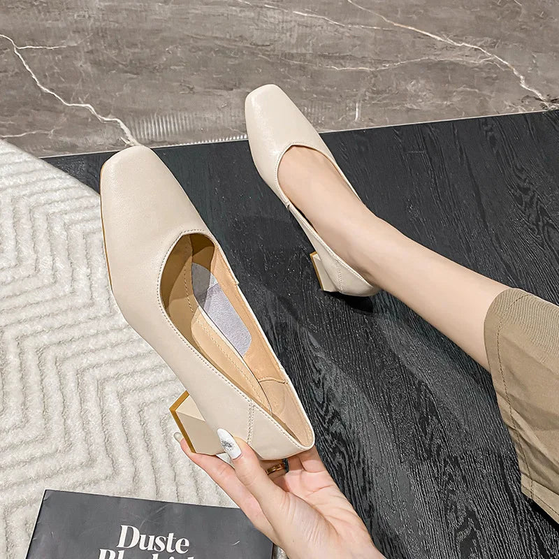 genuine leather med-high heels shoes for women square toe pumps cowhide zapatos mujer elegantes tacones bajos OL shoes size 43