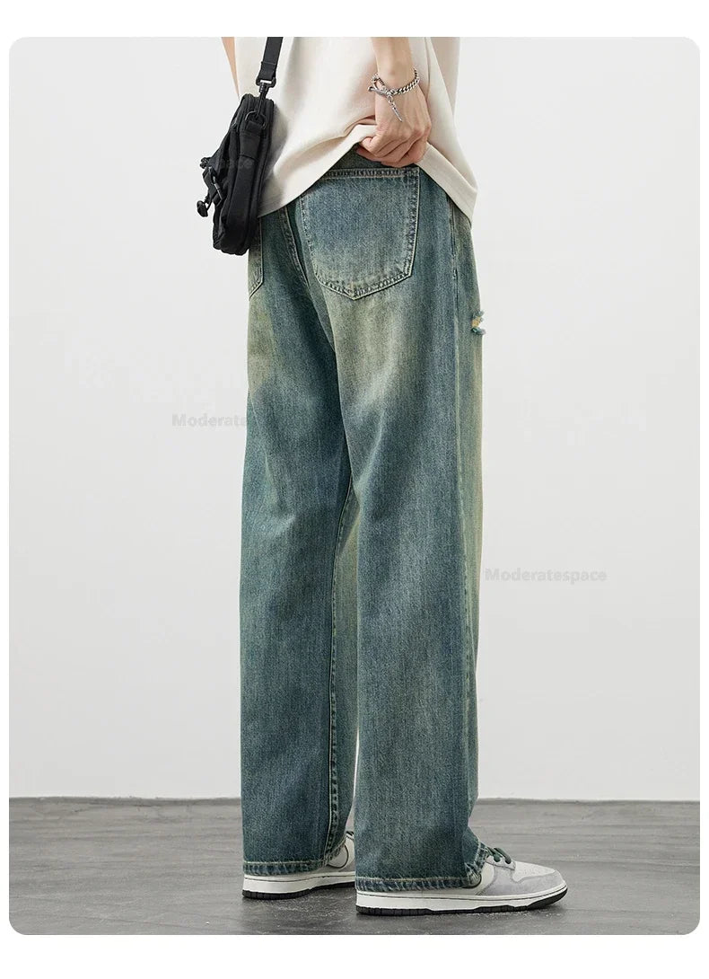 Korea Baggy Cargo Jeans Men Vintage Straight Ripped Y2k Pants Fashion Frayed High Street Distressed Denim Trousers Male Clothes