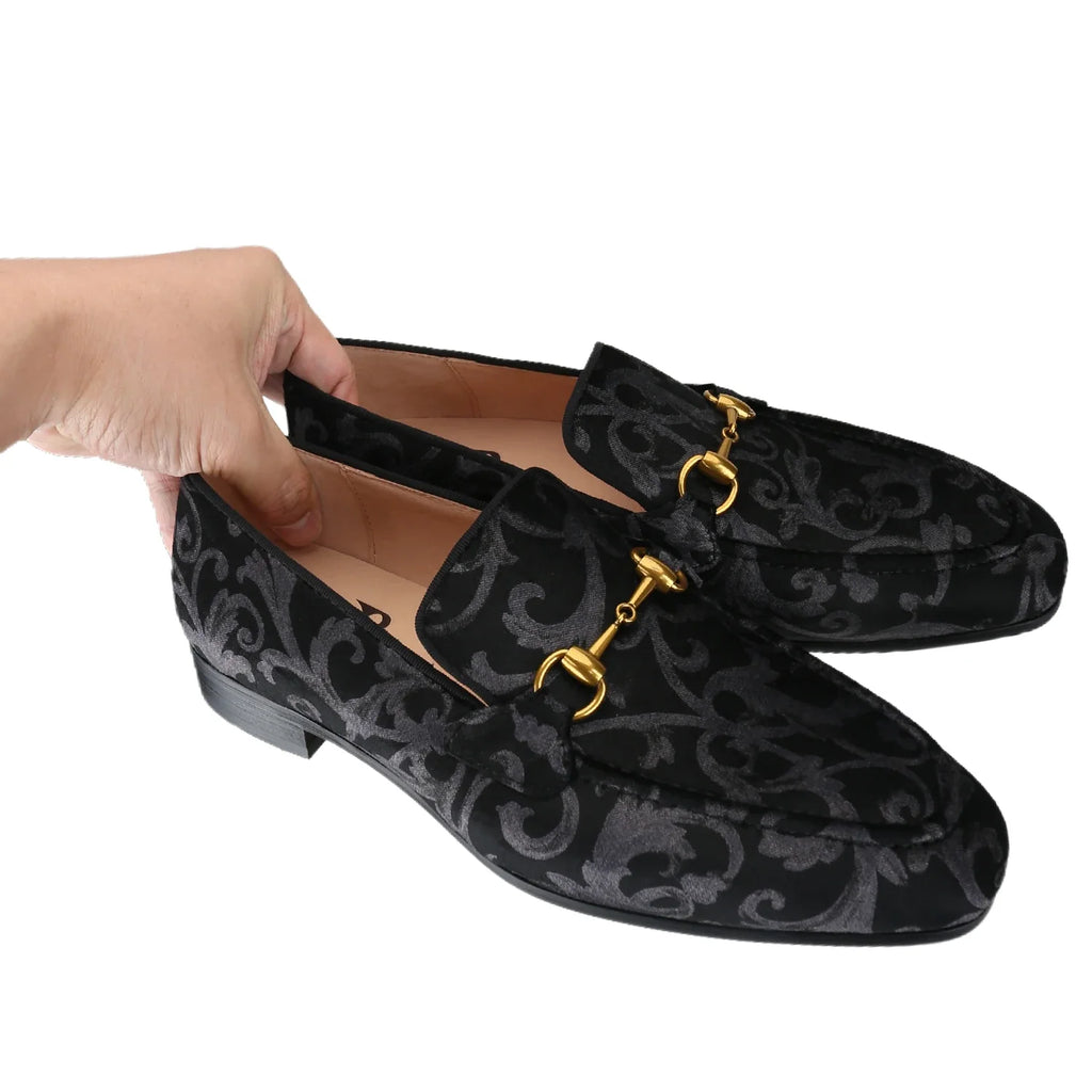 Piergitar Retro Style High-End Custom-Made Baroque Jacquard Velvet Men's Loafers With Horsebit Buckle Slip-On Smoking Shoes