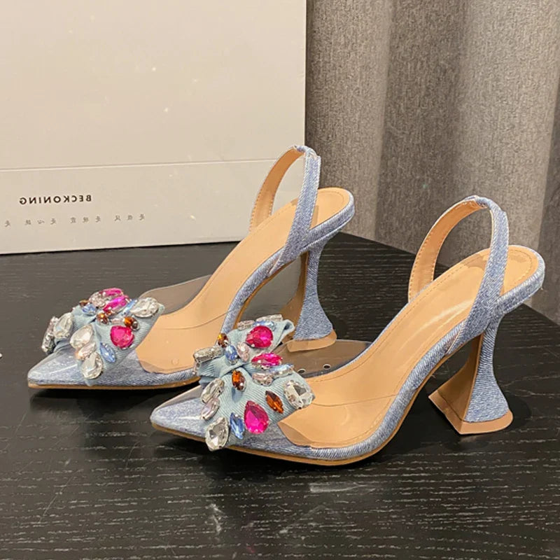 Fashion Denim Bowknot Crystal Pumps Sexy Pointed Toe High Heel Women Sandals Prom Party Spring Shoes Zapatillas De Mujer