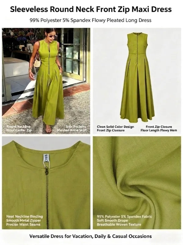 Office Lady Commute Pleated A-line Dress 2026 New Summer Fashion Solid Color Sleeveless Zipper Evening Maxi Dresses