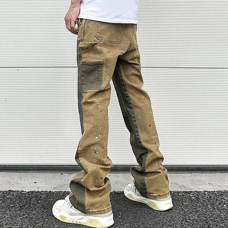 High Street Spliced Speckled Ink Micro Flare Pants for Men