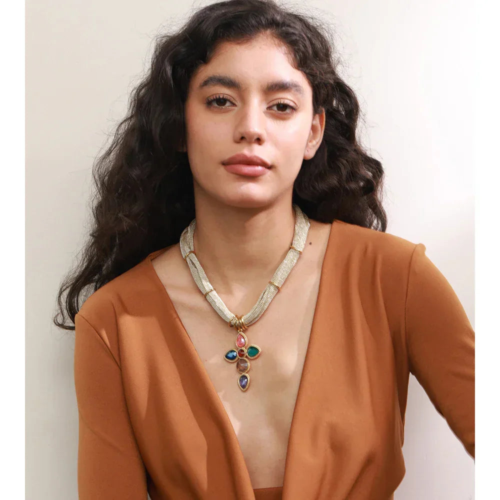 Yhpup White Colorful Shiny Glass Cross Pendant Necklace for Women Stainless Steel Polyester Chain Exquisite Jewelry Gift