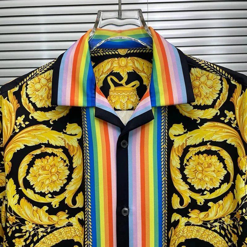 Luxury Royal Short sleeved Shirt for Men's Summer Casual Social Paisley Striped Side Flower Printed Shirt