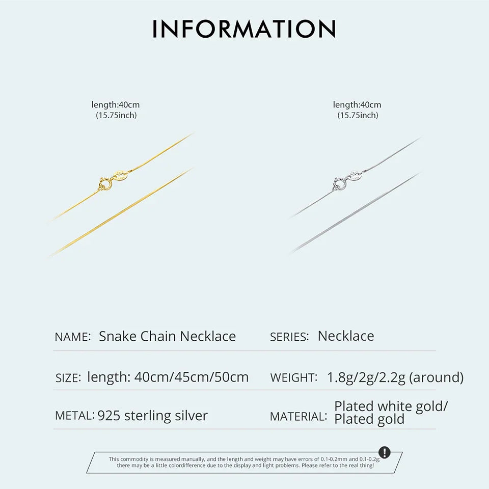 Solid Gold Over 925 Sterling Silver Chain Necklace for Women Girls, Thin Dainty Round Snake Chain For Daily Pairing