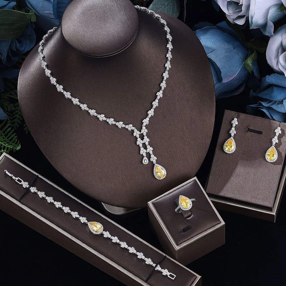 4pcs Bridal Zirconia Jewelry Sets For Women Party, Luxury Dubai Nigeria platinum plating Crystal Wedding Jewelry Sets