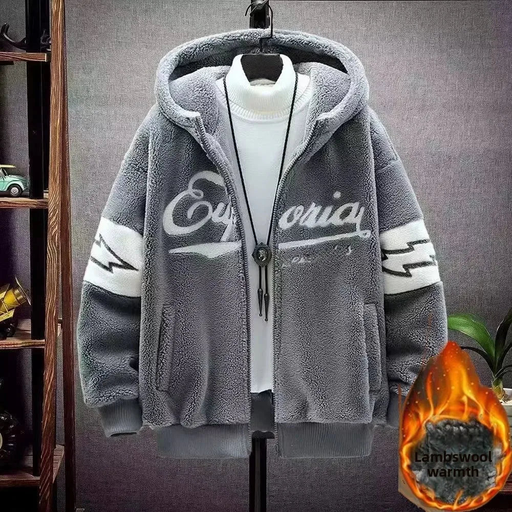Lamb Velvet Fleece Lined Thickened Hoodie for Students Men's Casual Loose Fit Cotton Jacket Warm Outerwear Autumn Winter