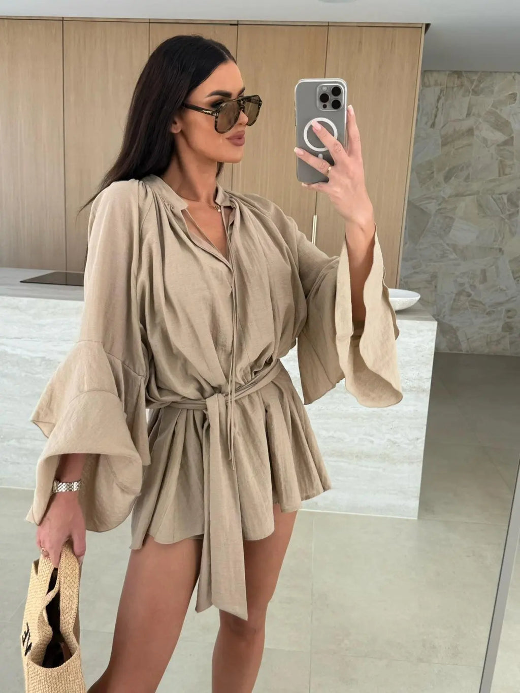 2026 Autumn Ruffle Loose Mini Dress Casual Flare Sleeve Holiday Dresses Sexy Deep V-neck Lace Up Solid Women's Dress Vestidos