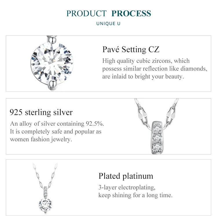 925 Sterling Silver Simple Clear Zircon Pendant Necklace for Women Wedding Engagement Anniversary Fine Jewelry BSN273