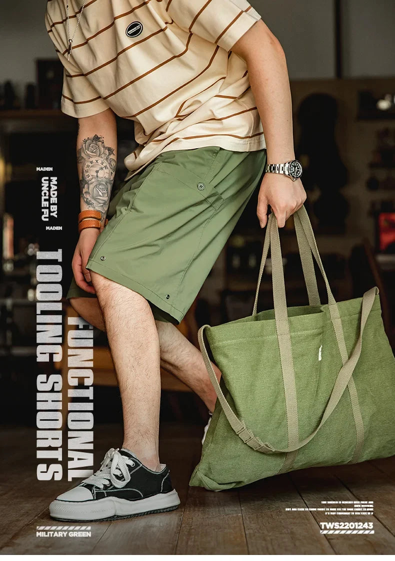 Casual Washed Cargo Shorts Men's Summer Lightweight Straight Leg Drawstring Pockets Shorts Breathable Outdoor Bottoms