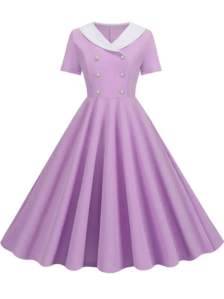 Summer Midi Dress Women Elegant Pink Vintage Party Sundress Casual Peter pan Collar Short Sleeve Dress