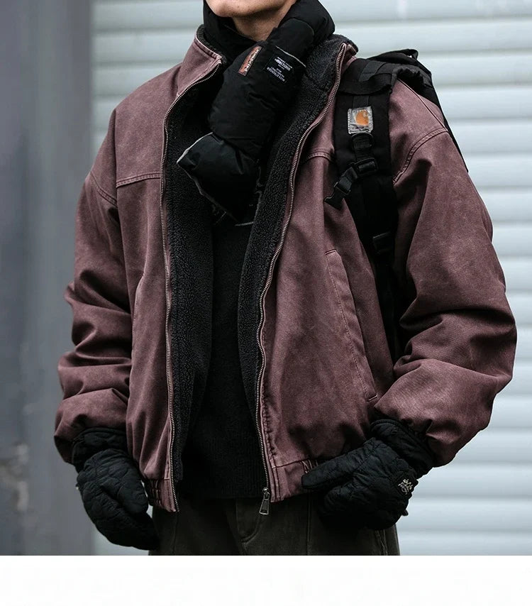Winter Heavyweight Mens Jacket Japanese Vintage PU Coated Windproof Thick Fleece Lined Warm Distressed Streetwear Long Coat Male