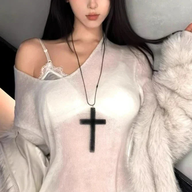 Y2K Wood Cross Pendant Necklace for Women Men Vintage Cool Spicy Girls Hip Hop Fashion Necklace Party Jewelry Accessories Gift