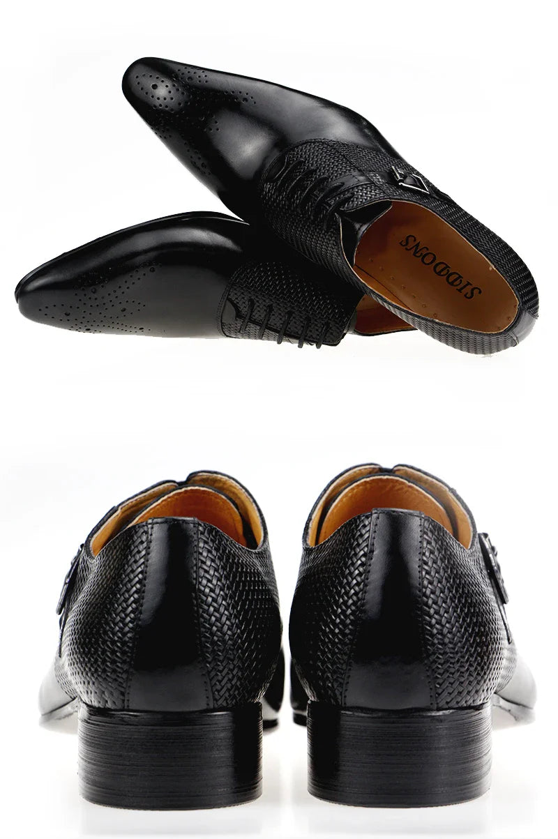 Mens Formal Genuine Leather Shoes Fashion Zapato Social Male Wedding Dress Loafer Weave Printing Lace-up Daily Brogue Shoes