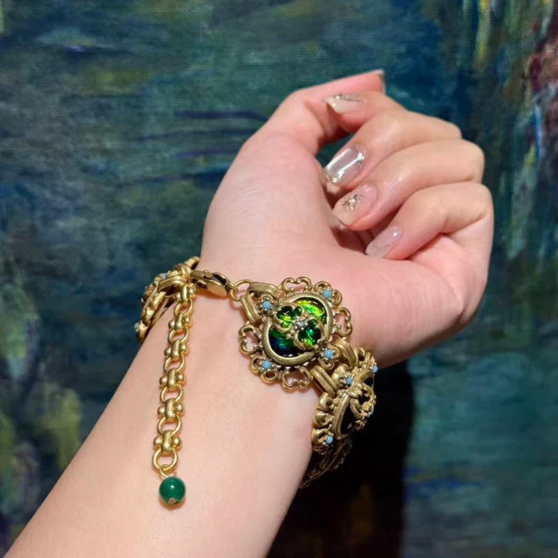 Vintage Green Opal Bracelet Natural Stone For Women Accessories Retro Jewelry Antique Gold Color Hollow Flower High Quality