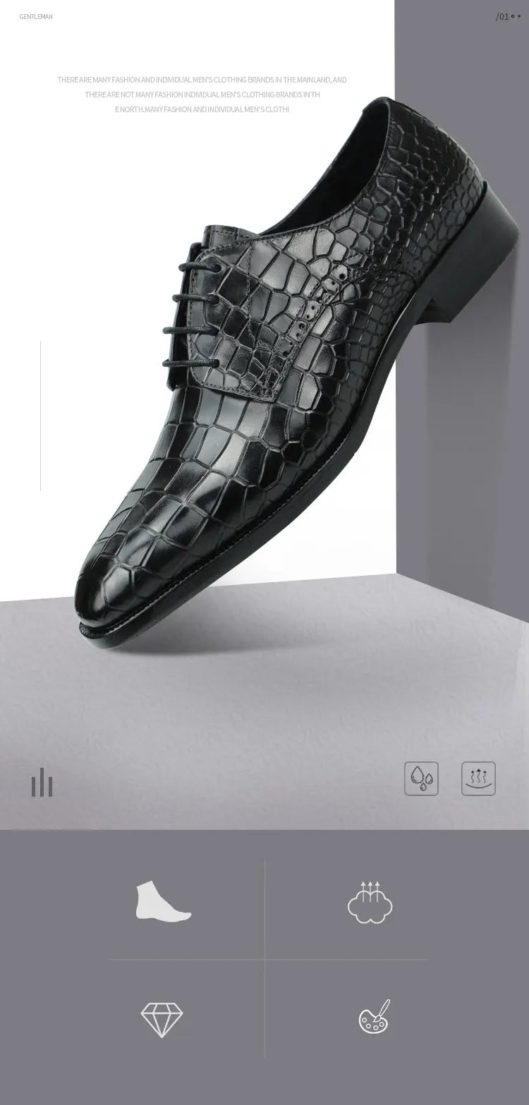 Top Grade Mens Genuine Leather Shoes Dress Party Shoes Men's Fashion Alligator Printing Luxury Zapatos De Hombre Genuine Leather
