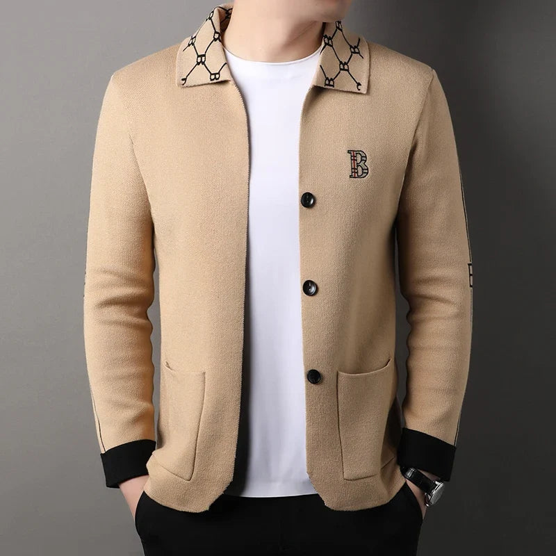 Luxury Brand Men's Autumn Winter Lapel Embroidered Sweater Coat Fashionable Business Three-dimensional Pocket Warm Knitted Jacke