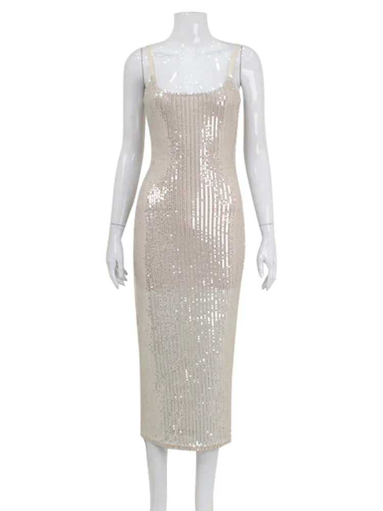 Elegant Sequins Sexy Club Women Dresses Sleeveless Party Spaghetti Strap Streetwear Sheath Fashion Bodycon Slim Female