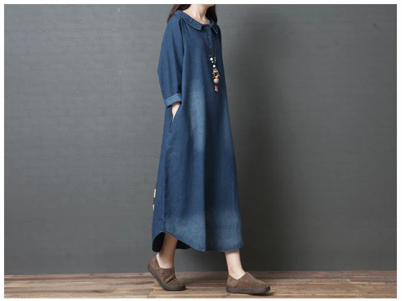 Women's Denim Dr Long Sve Loose Fit irt Sle Autumn Spring Faion plus Size Clothing Meat Concealing Slimming Skirt