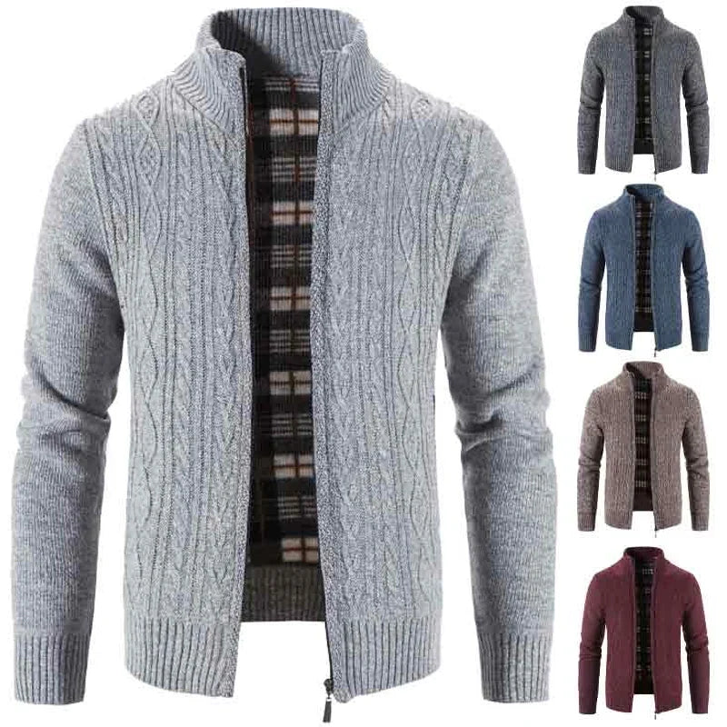 Winter Autumn New Sweater Knit Cable Cardigan Men Business Casual Jacket Zipper Up Solid Color Turn-down Coat Fleece Clothes
