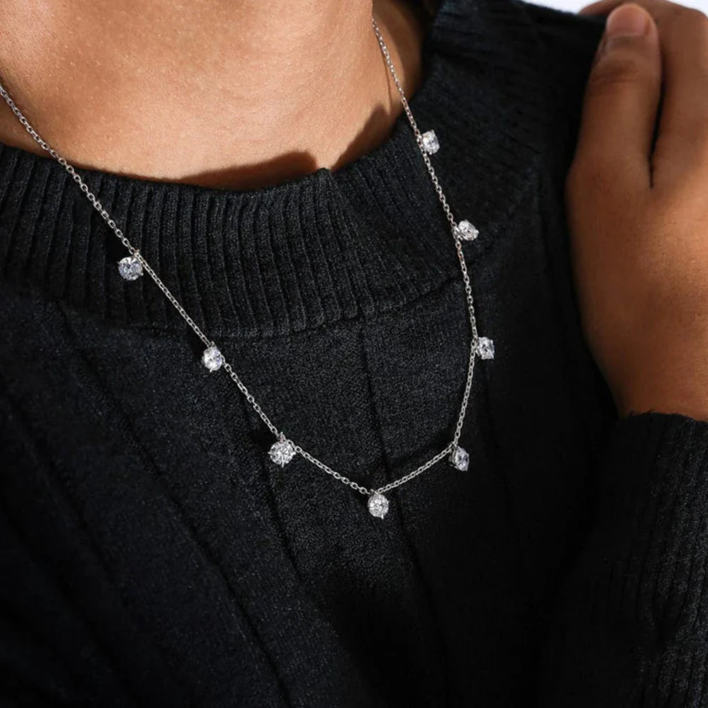 8 Stone Round Cut Real Moissanite Necklace for Women Floating Tiny Diamonds Neck Chain S925 Silver 18K Gold Plated Jewelry Gift
