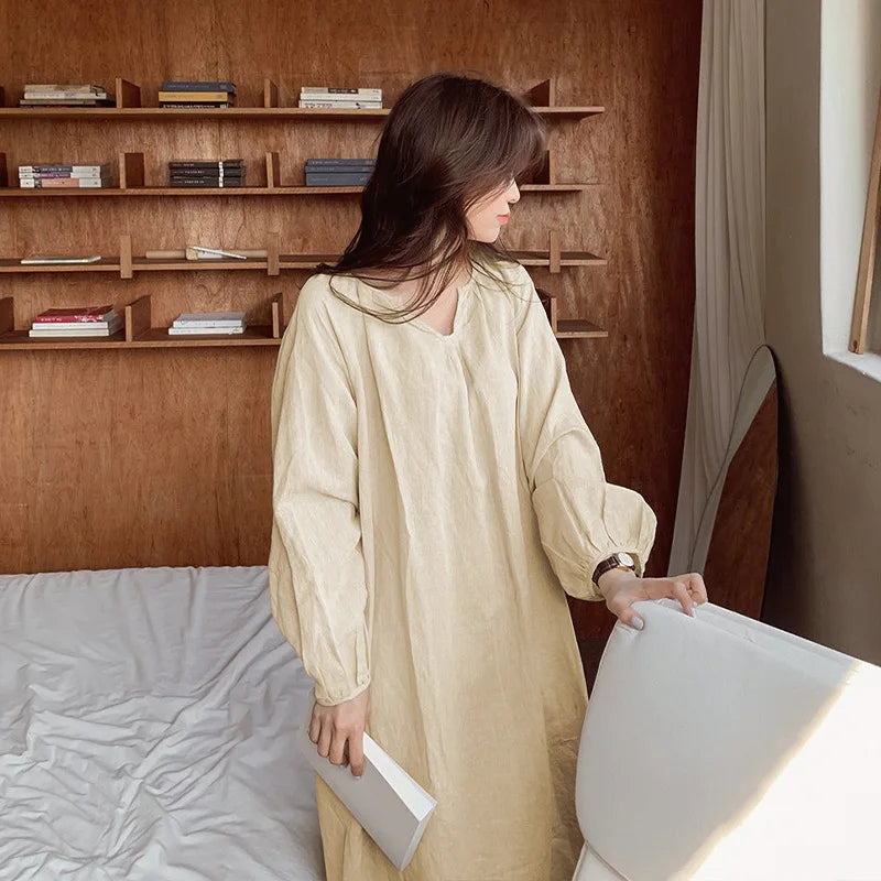 Vintage 100% Cotton Women Dress V Neck Long Sleeve Korean Jananse Pajama Dresses Ladies Comfortable Homewear Wearable Outside