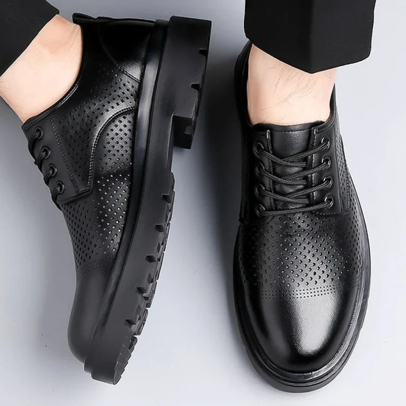 Men's Soft Leather Sandals Business British Style Perforated Breathable Non-Slip Suit Wedding Dress Shoes Summer