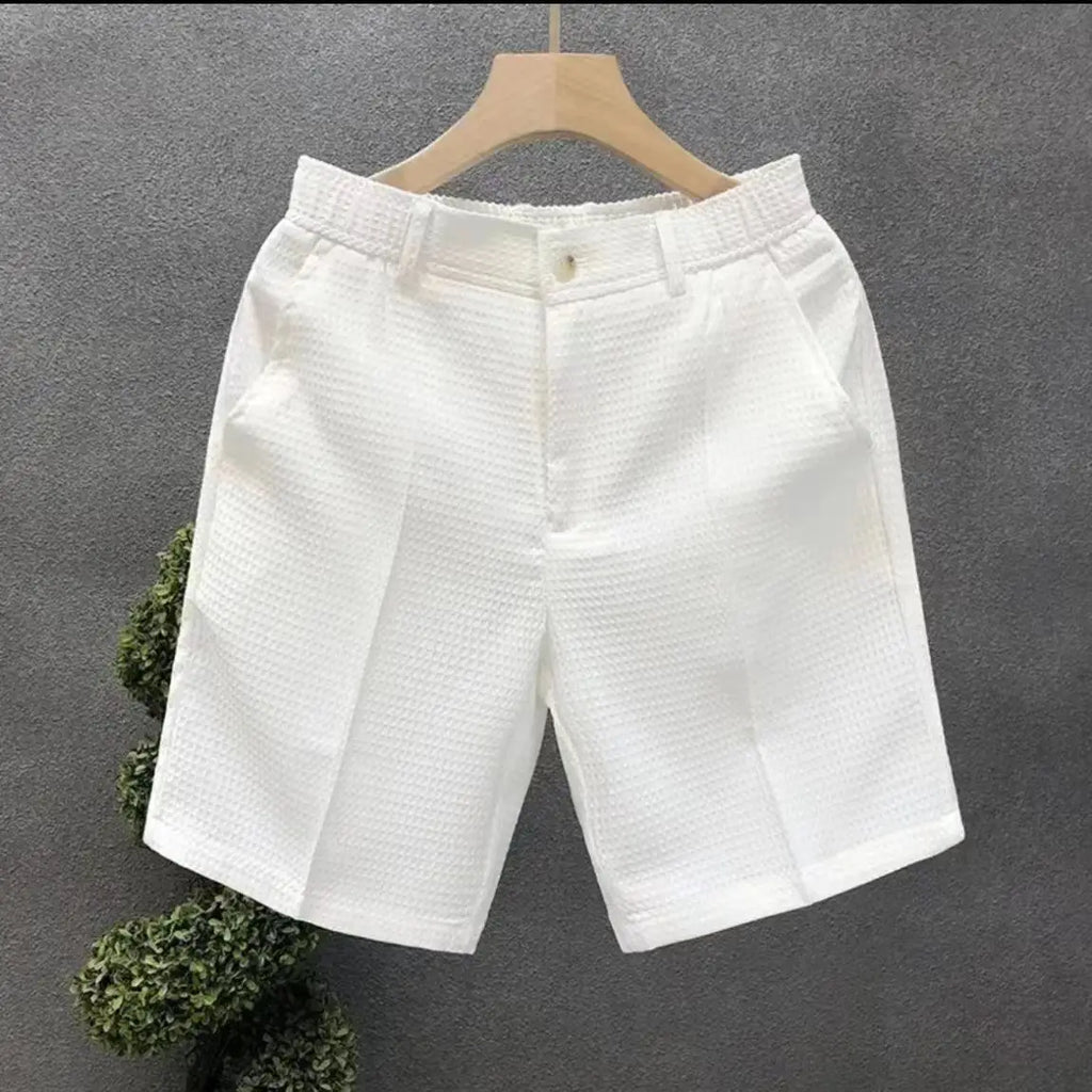 Men's Shorts Plaid Texture Solid Straight-leg Business Social Elastic Waist Button Short Pants Loose Knee Length Casual Short
