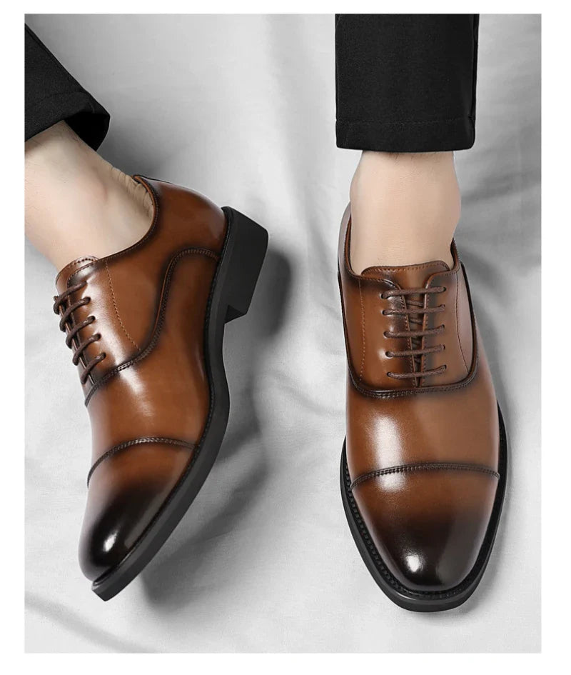 Mens Brown Gradient Leather Cap Toe Oxford Dress Shoes Lace Up Formal Business Office Work Daily Wear Comfortable Non Slip Shoes
