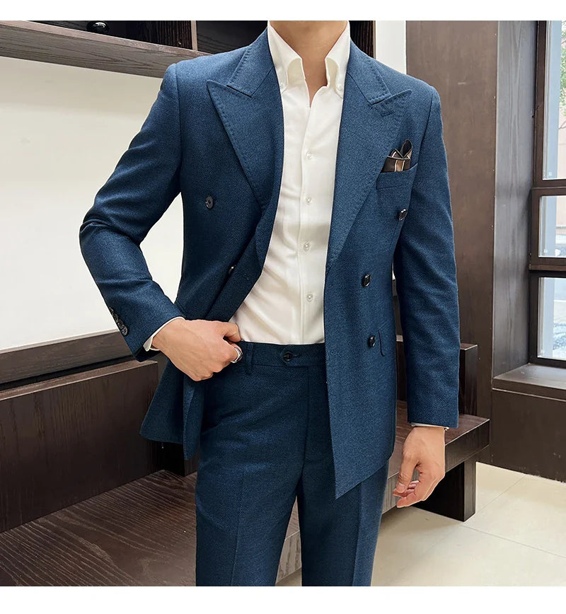 Men Vintage Luxury Double Breasted Slim Fit Lapel Evening Gown ltalian Style Fashion High-end Groom Wedding Party Tuxedo 2 Piece