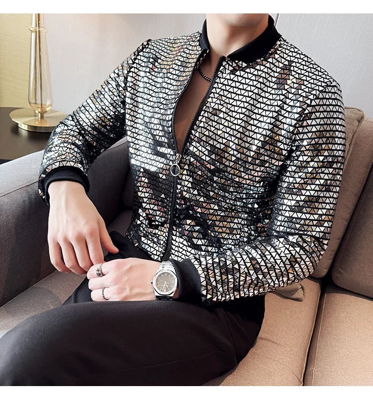 Men's Fashionable and Personalized Silver Sequin Jacket Summer New Ball Performance Suit Jacket Hip-hop Fashion Street Wear