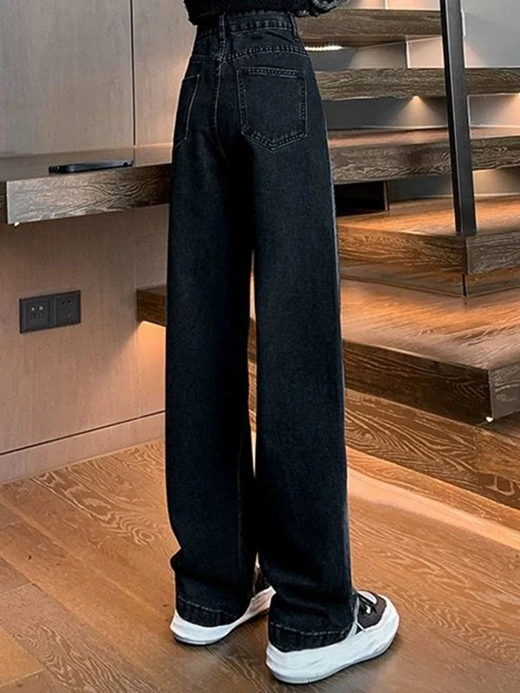 Woman High Waist Jeans High Street Patchwork Straight Leg Pants