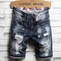 Brand Clothing New Summer Ripped Hole Denim Shorts Men Cotton Thin Straight Retro Biker Knee Length Short Jeans Male Streetwear