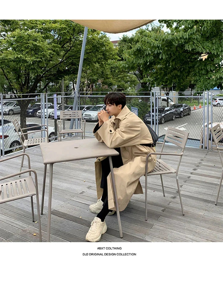 Spring Autumn Long Oversized Black Khaki Trench Coat Men Raglan Sleeve Single Breasted Loose Casual Korean Fashion