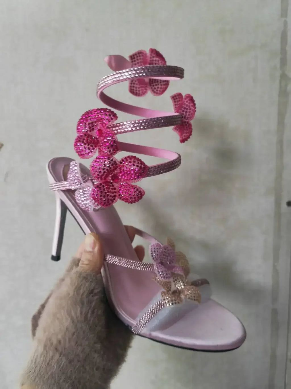 Luxury Designer Pink Flower Rhinestone High Heels Sandals Shoe Sexy Wrap Strap Open Toe Stripper Prom Party Ladies Shoes