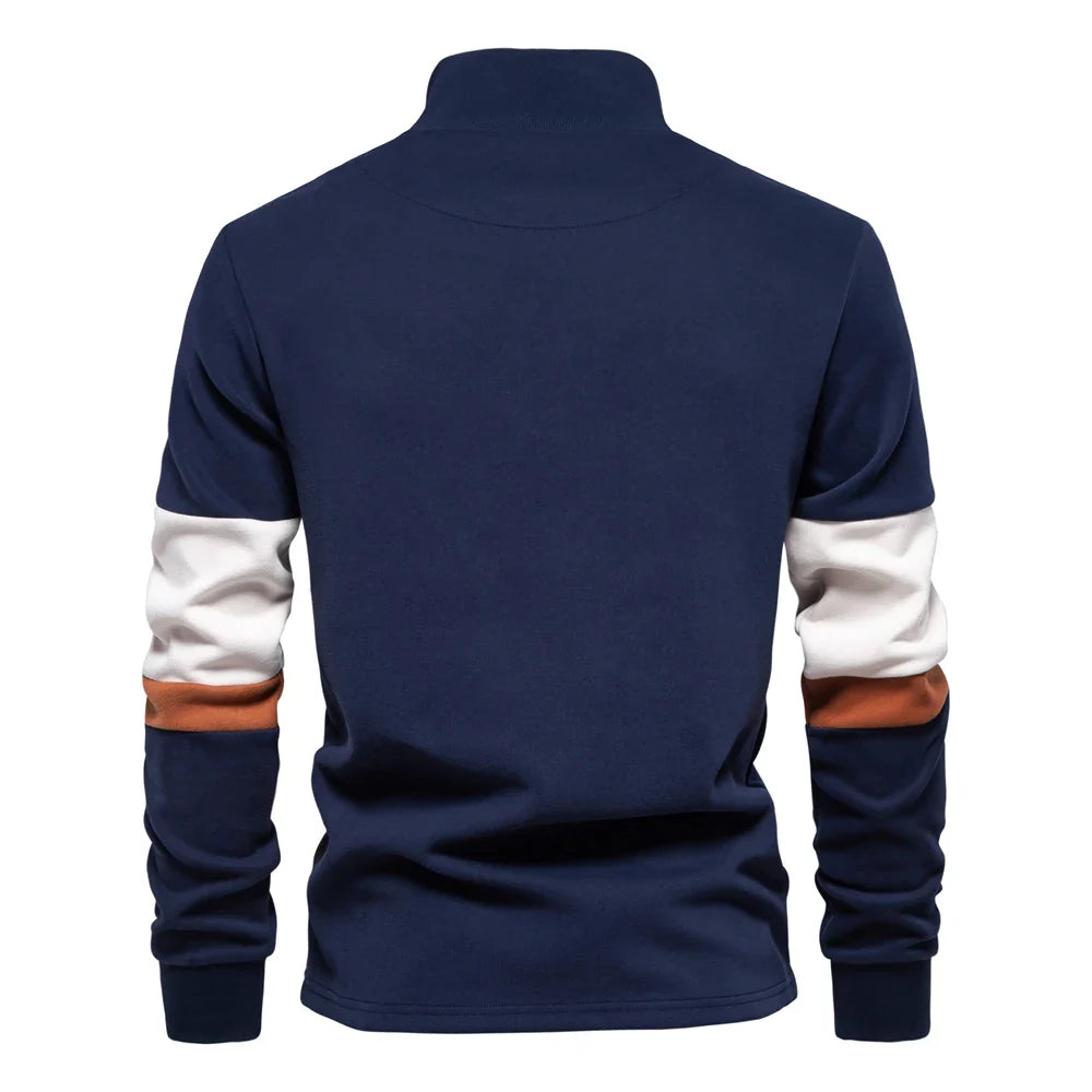 Mens Mock Neck Quarter Zip Sweatshirts Patchwork  Fashion Pullover Cotton-blend Sweatshirt for Men