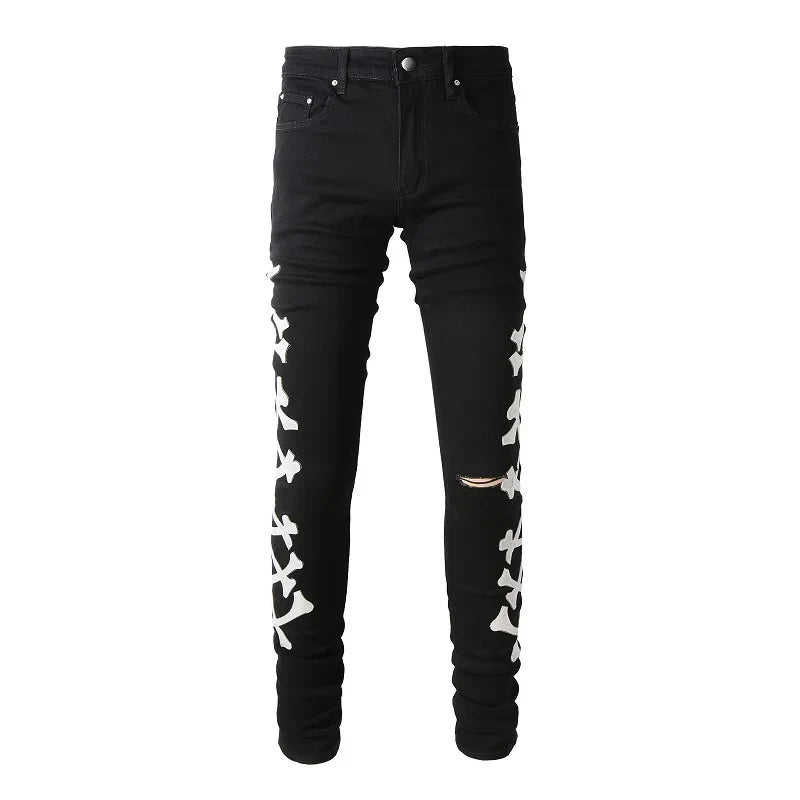 Classical White Bones Patchwork High Street Slim Fit Ripped Jeans