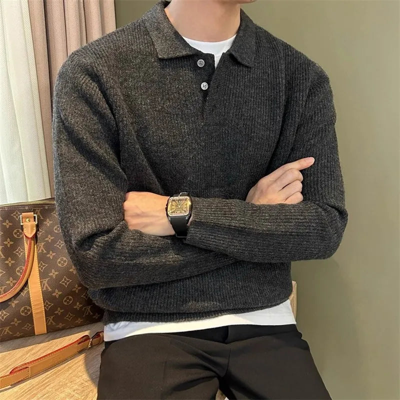Mens Knit Sweater Autumn Winter Pullover Korean Soft Heavyweight Knit Polo Sweaters Minimalist Long Sleeve Solid Casual Top
