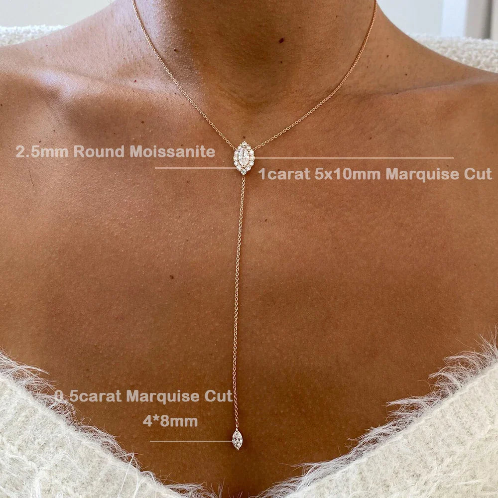 Marquise Cut Full Moissanite Pendant Necklace for Women 100% S925 Silver Y-style Halo Diamond Drop Neckchain with Certificate