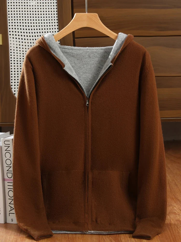 Double-Sided Hooded Zippered Men's Cashmere Cardigan Autumn and Winter Contrasting Color Thickened Loose Casual Knitted Sweater