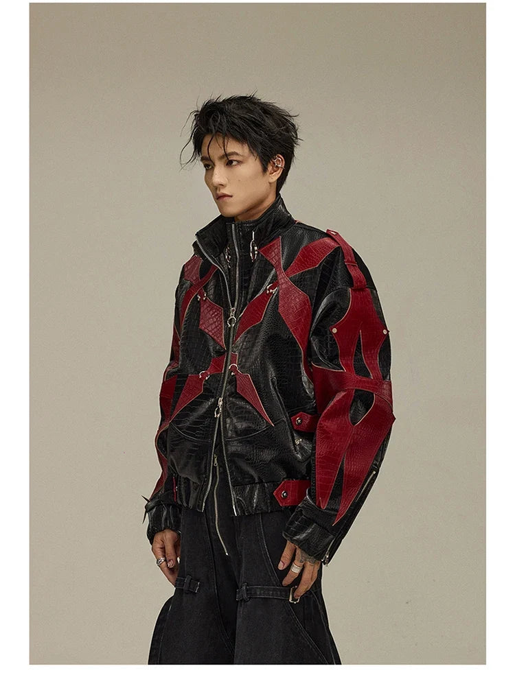 Spring Autumn Cool Handsome Crocodile Print Patchwork Pu Leather Jacket Men Color Block Luxury Designer Clothes 2024